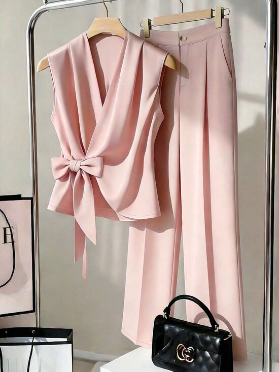 Pants - Pink Elegant Women's Two-Piece Set with Shawl Neck Camisole and Wide Leg Pants